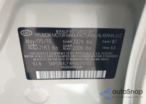 2017 Hyundai Elantra Se from USA, damaged, VIN 5NPD84LF4HH071170